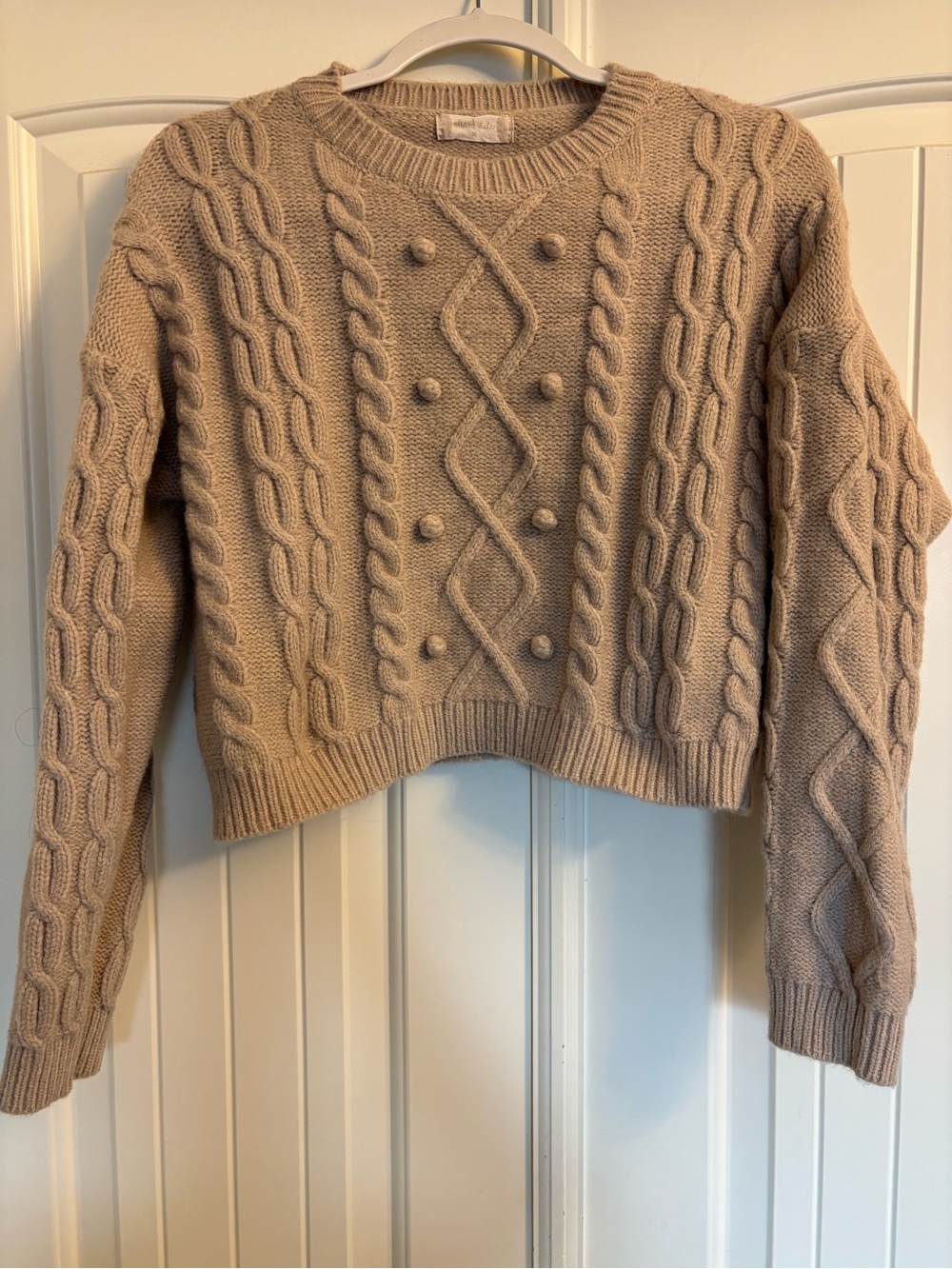 Altar'd State Beige Cable Knit Crewneck Sweater with Pom-Pom Detail